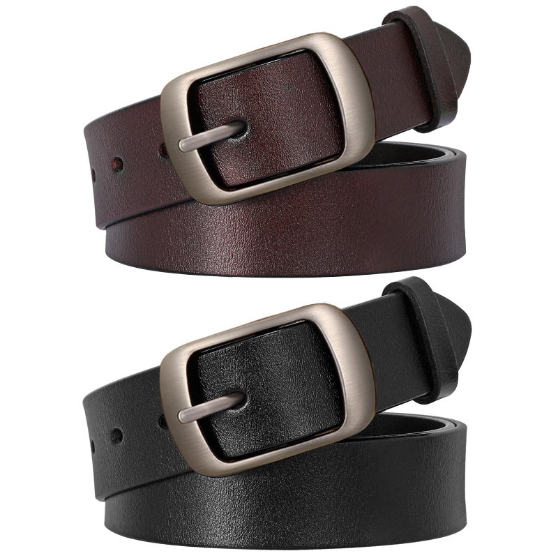 SUOSDEY 2 Pack Womens Genuine Leather Belts, Waist Belt with Pin Buckle for Jeans Pants,black and coffee,width 1.3'',Medium: fits waist from 31''-37'' - Image 1