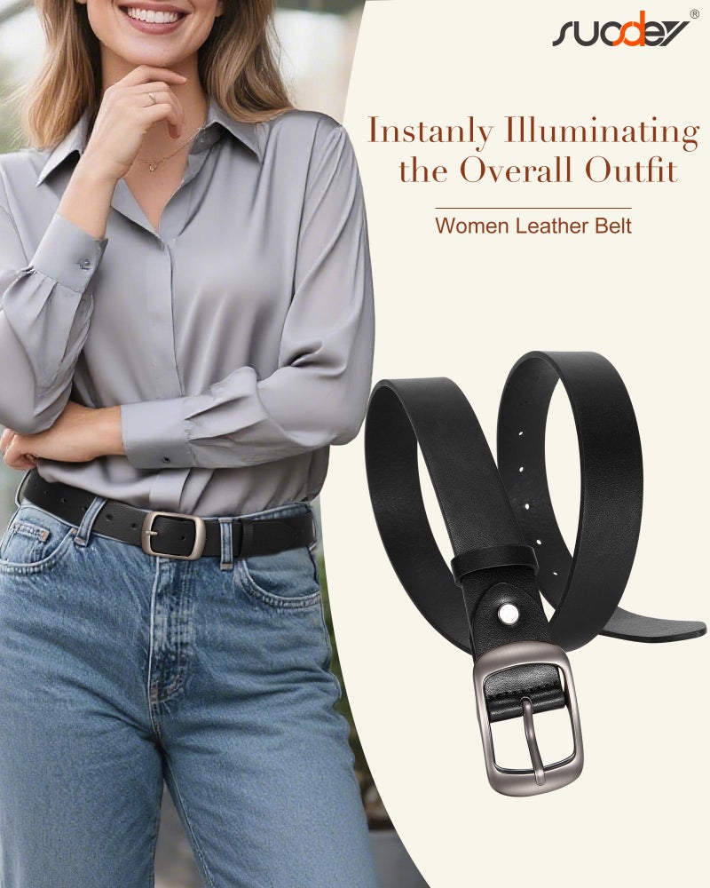 SUOSDEY 2 Pack Womens Genuine Leather Belts, Waist Belt with Pin Buckle for Jeans Pants,black and coffee,width 1.3'',Medium: fits waist from 31''-37'' - Image 2