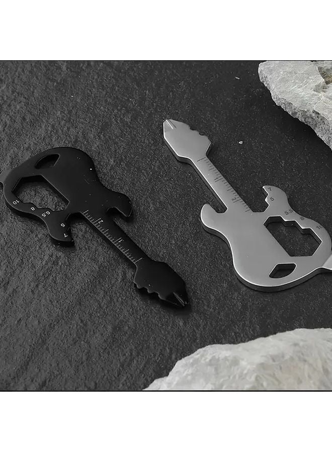 Black Stainless Steel Guitar Shaped Multifunctional Keychain Tool with Screwdriver Ruler Bottle Opener - Image 2