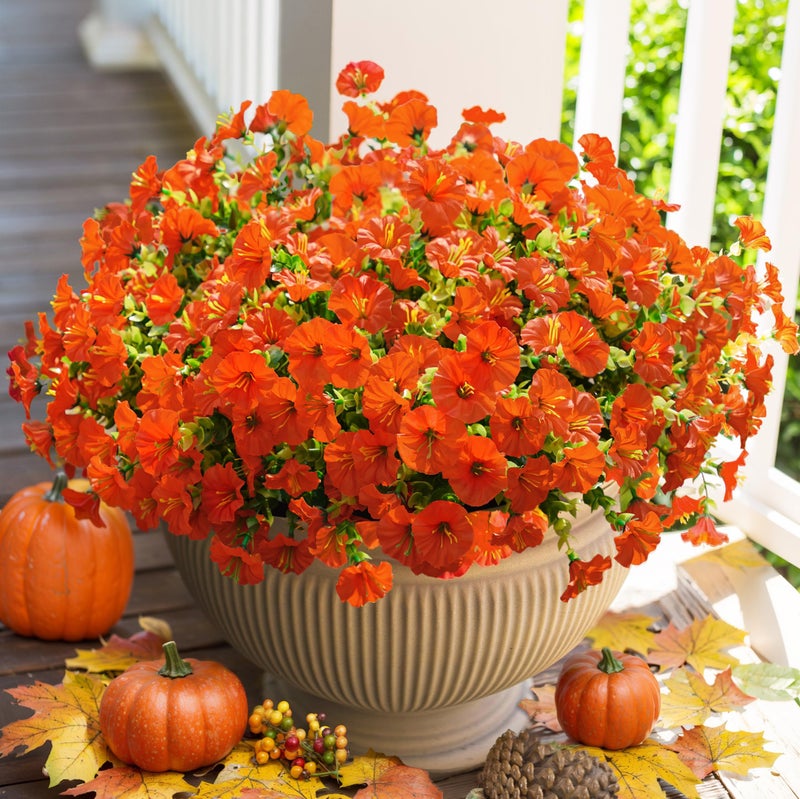HyeFlora Artificial Fake Fall Autumn Flowers Plants for Outdoor Outside  12 Bundles Faux Silk Orange Morning Glory UV Resistant Look Real for Front Door Porch Patio Yard Window Box Decoration - Image 1