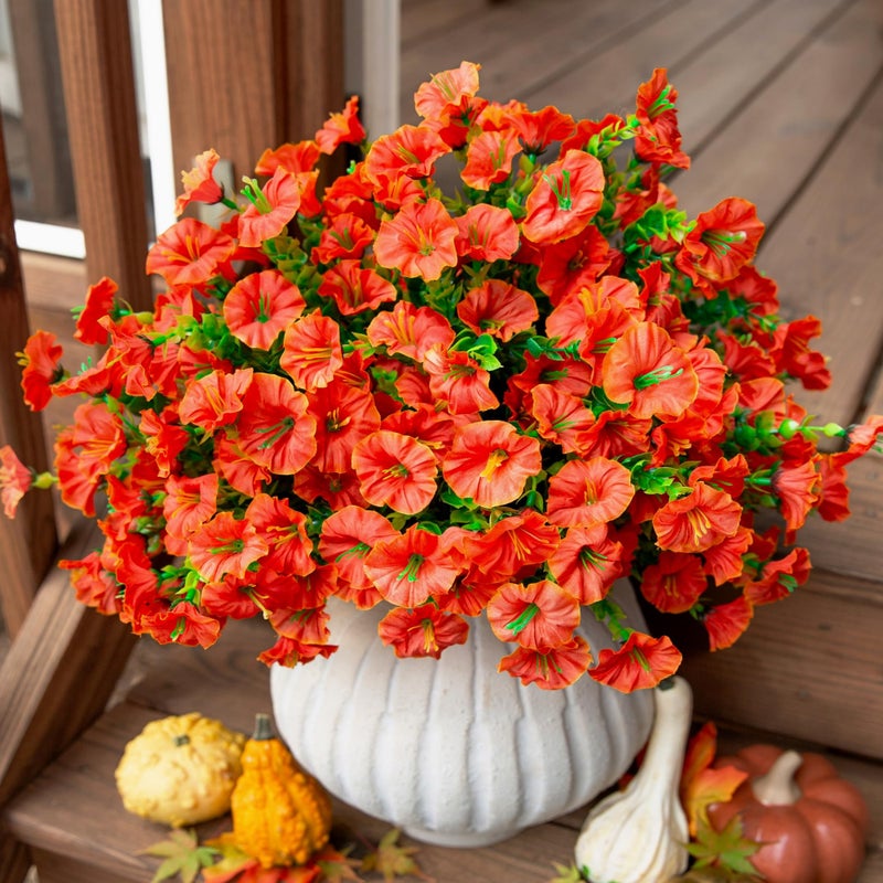HyeFlora Artificial Fake Fall Autumn Flowers Plants for Outdoor Outside  12 Bundles Faux Silk Orange Morning Glory UV Resistant Look Real for Front Door Porch Patio Yard Window Box Decoration - Image 2