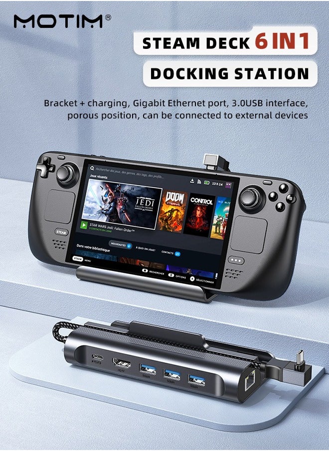 Motim - 6-in-1 Docking Station for Steam Deck, Valve Steam Deck Charger Stand, Steam Deck Dock USB C Hub, with HDMI 2.0 4K@60Hz, 100W PD3.0 USB-C, 1000Mbps Ethernet, 3 USB3.0 - Image 1