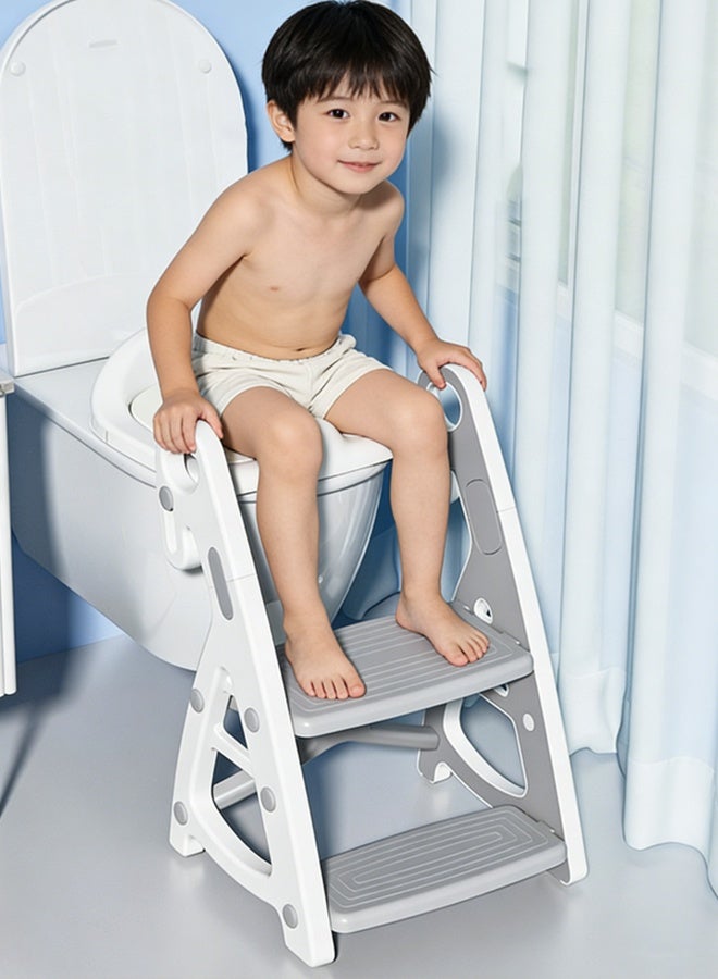 Aissiora Potty Training Seat, Kids Toilet Training Seat with Step Stool, Foldable Portable Potty Chair with Adjustable Height Ladder Guard Handle Soft Cushion White for Baby Toddler Boys Girls - Image 1