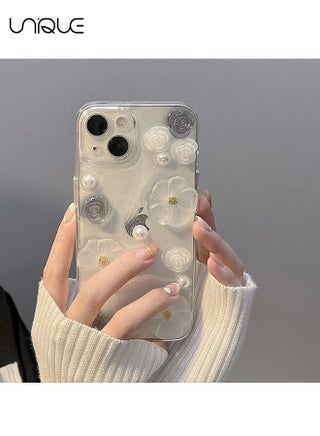 متوافق مع ايفون 14 كلير جراب 3D الجمالية روز الأزهار لامعة جرلي الهاتف القضية للنساء الفتيات لينة TPU الغلاف، واضح - view 5