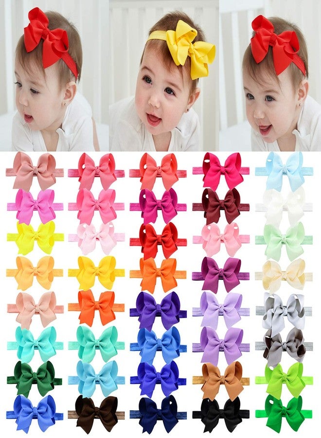 jollybows 40pcs Baby Girls Grosgrain Ribbon Hair Bows Headbands 4" Elastic Hair Band Hair Accessories for Infants Newborn- Natural Color Set - Image 1