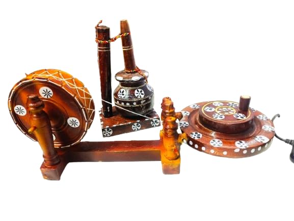 Traditional Decorative Wooden Spinning Wheel Set Wooden billona Wooden Grinder HandPainted Folk Art Brown Combo of 3 Set