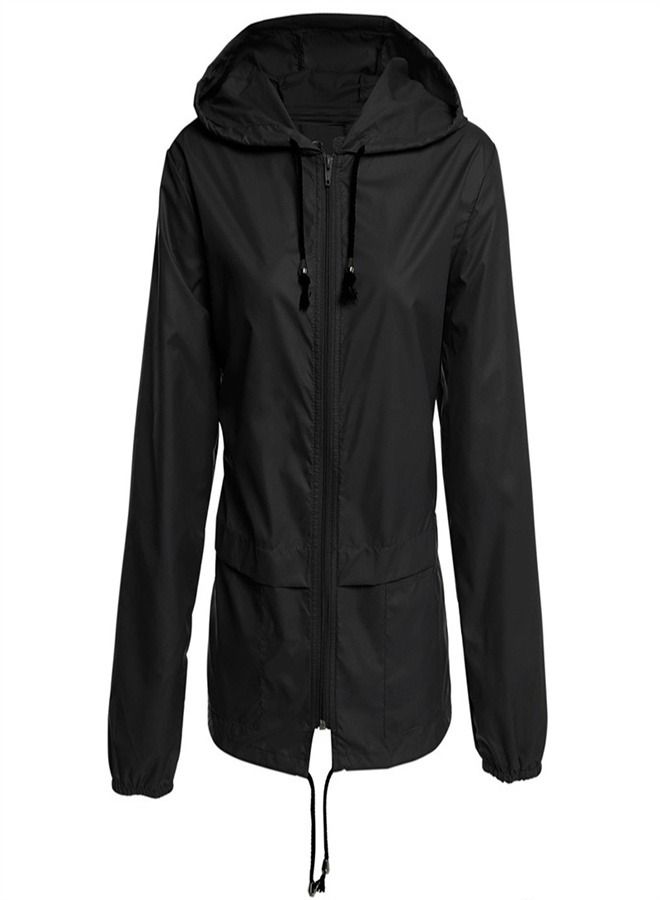 Loquat Hooded Zippered Cardigan Hiking Raincoat Jacket Black 