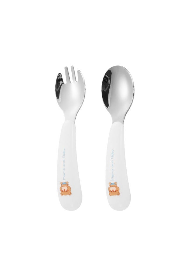 304 Stainless Steel Children's Cartoon Tableware Feeding Household Spoon Baby Food Supplement Tableware Spoon Fork Two-piece Set-Specifications:White Bear Spoon Fork - Image 1