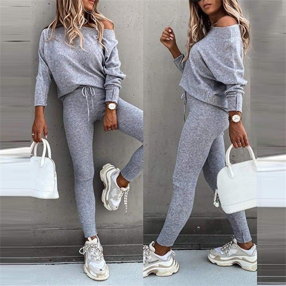 Spot 2022 European and American foreign trade solid color fashion casual lace slant shoulder sports pants long suit women Black  - Image 4