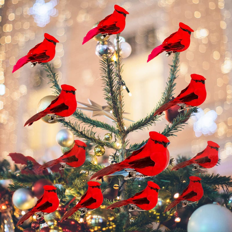BerfutallCardinal Clip On Christmas Tree Ornament Decorations  Red Feathers Set of 12 Pieces Each is 28 LonA