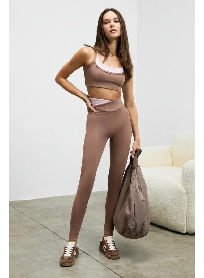 Urban Beat JULSEN Women's Soft, Stretchy Textured Brown Leggings with Asymmetric Contrast Waist Detailing.