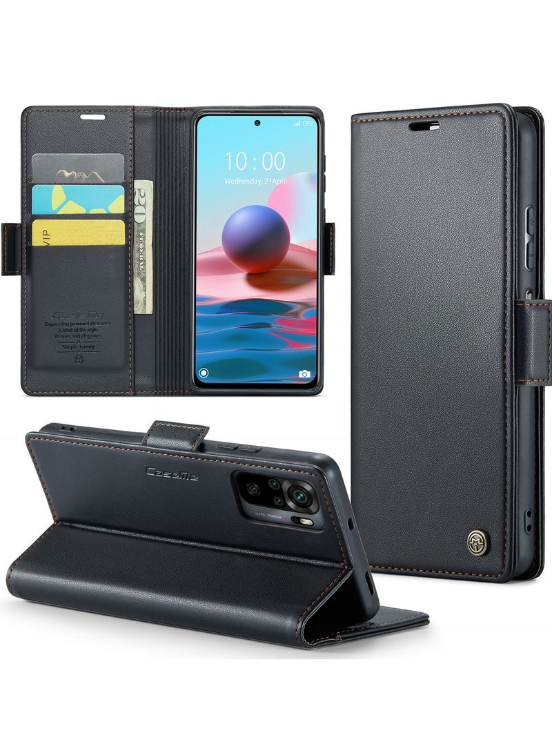CaseMe Phone Case Luxury PU Leather Design Anti Fingerprint 023 Flip Cover Card Slot Holder Cover For Redmi Note 10 4G / Redmi Note 10s (Black ) - Image 2