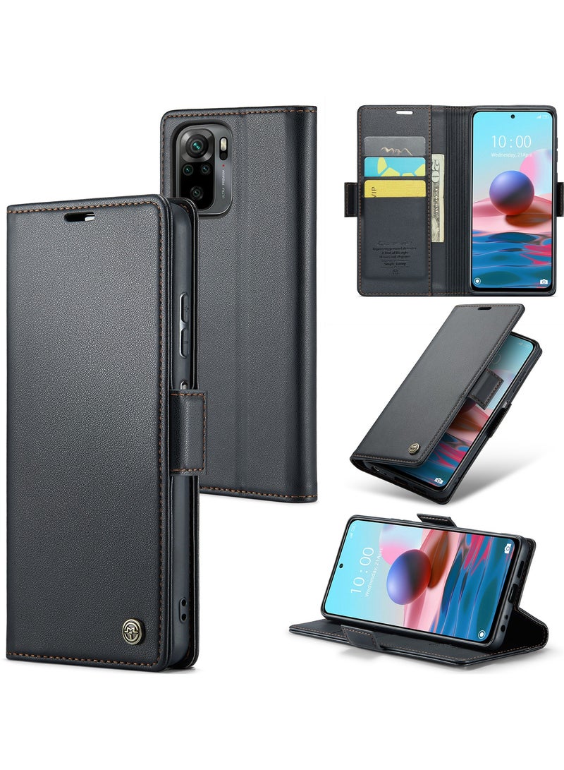 CaseMe Phone Case Luxury PU Leather Design Anti Fingerprint 023 Flip Cover Card Slot Holder Cover For Redmi Note 10 4G / Redmi Note 10s (Black ) - Image 1