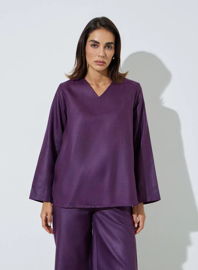 أميرة Purple Solid V-Neck Top and Wide Leg Pants Set