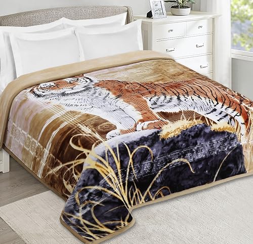 Nestl 9 Lbs Velvet Fleece Blanket for Winter - 2 Ply Heavy & Warm Korean Style Bed Blanket - Reversible Printed Raschel Queen Size Blanket - Wrinkle & Fade Resistant - 79 x 94 Inches - Tiger - Image 1