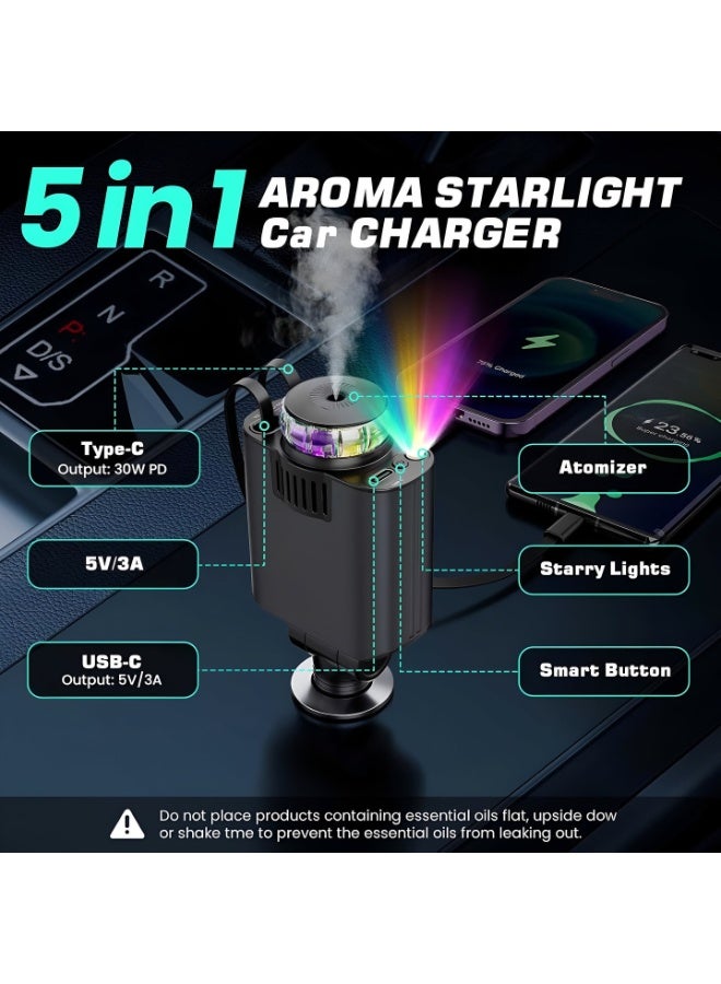 شاحن سيارة 5 في 1 مع ضوء النجوم ، كابلات قابلة للسحب، USB-C وiOS - Image 4