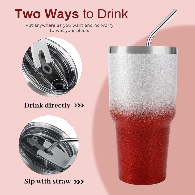 DS 30 oz Tumbler Christmas Red Glitter Gradient Cup Stainless Steel Double Wall Vacuum Insulated Mug with Straw and Lid Cleaning Brush for Cold and Hot Beverages - Image 3