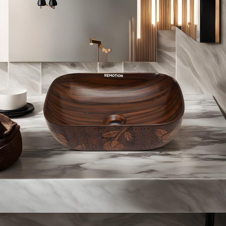 REMOTION Wooden Style Designer Wash Basin Countertop Tabletop Ceramic Bathroom Sink Wash Basin For Bathroom 18 x 13 x 55 Inch Wodeen Style Designer Basin7 - Image 3