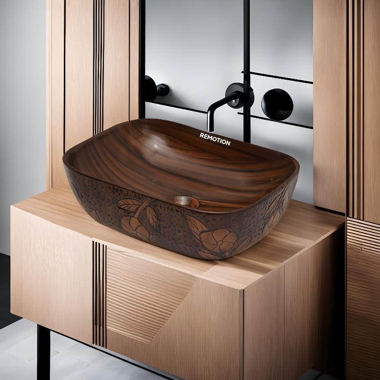 REMOTION Wooden Style Designer Wash Basin Countertop Tabletop Ceramic Bathroom Sink Wash Basin For Bathroom 18 x 13 x 55 Inch Wodeen Style Designer Basin7 - Image 1