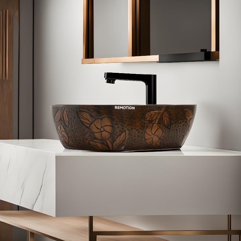 REMOTION Wooden Style Designer Wash Basin Countertop Tabletop Ceramic Bathroom Sink Wash Basin For Bathroom 18 x 13 x 55 Inch Wodeen Style Designer Basin7 - Image 2