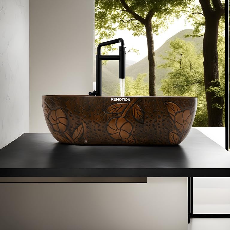 REMOTION Wooden Style Designer Wash Basin Countertop Tabletop Ceramic Bathroom Sink Wash Basin For Bathroom 18 x 13 x 55 Inch Wodeen Style Designer Basin7 - Image 4