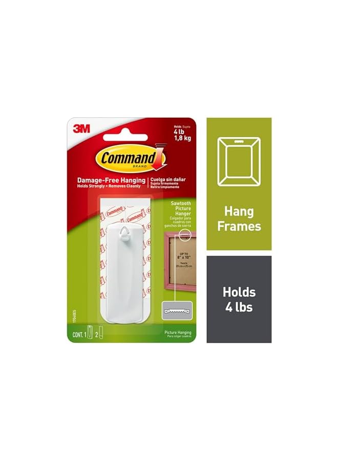 Command Command Sawtooth Large Picture Hanger White color, 1 hook + 2 strips/pack | Holds 1.8 kg each hook | Organize | Decoration | No Tools | Holds Strongly | Damage-Free Hanging - Image 2