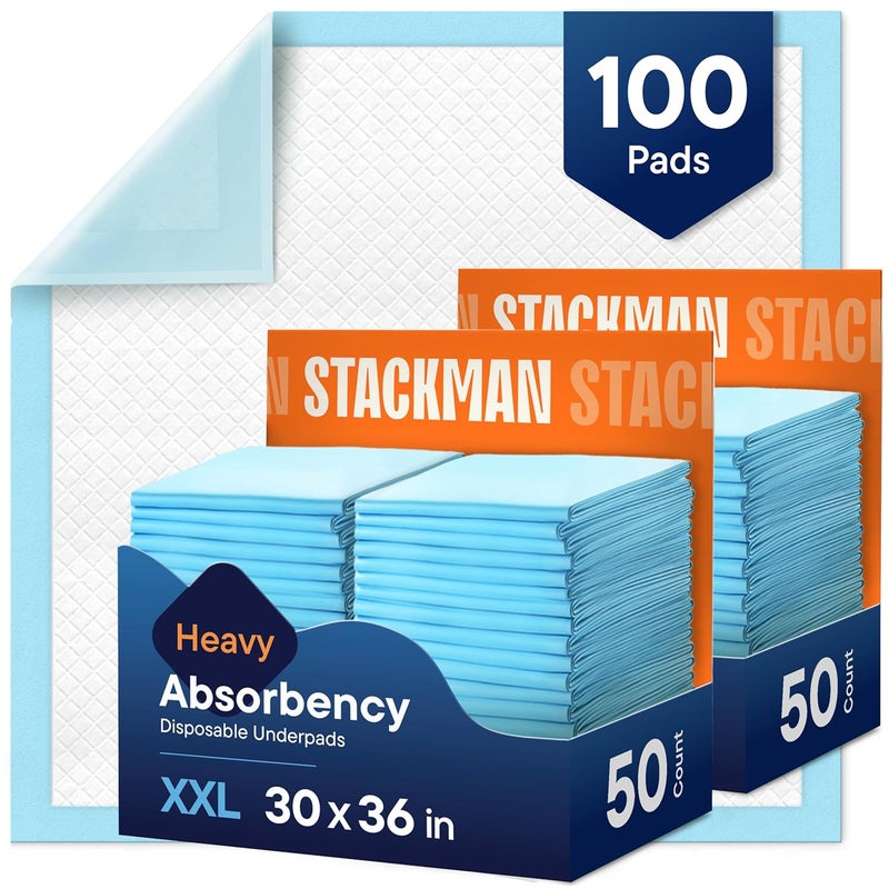 Stack Man Chucks Pads Disposable [100-Pack] Adult Incontinence Underpads 30"x 36" Extra Large Absorbent Fluff Protective Bed Pads, Toddler Mattress Pads - Pee Pads for Kids & Adults - Dog & Puppy Training Pads 