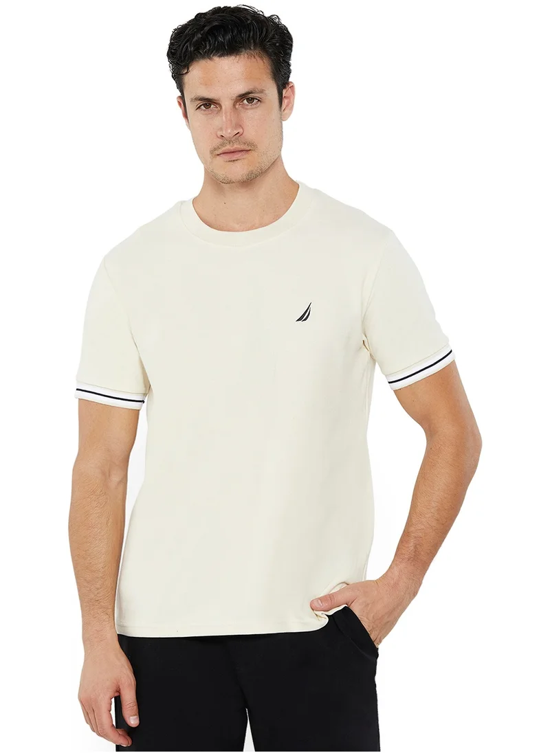 نوتيكا Mens Beige Round Neck Short Sleeve Tee, Lightweight Knit for All-Day Comfort & Effortless Style