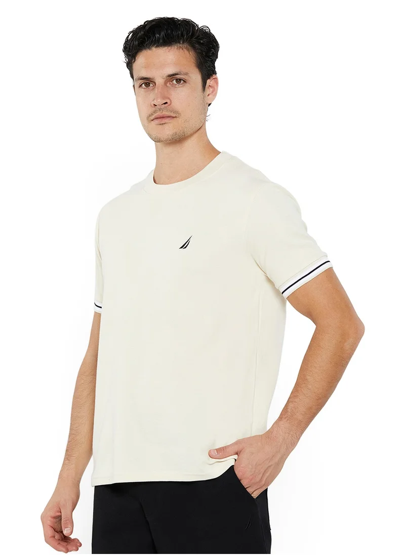 نوتيكا Mens Beige Round Neck Short Sleeve Tee, Lightweight Knit for All-Day Comfort & Effortless Style