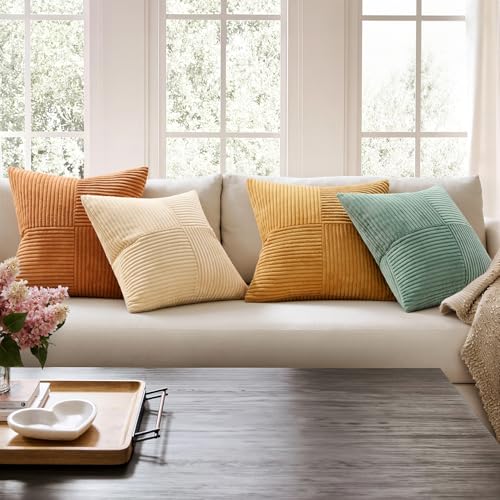 ANRODUO Pack of 4 Decorative Throw Pillows for Couch Orange Teal 18x18 Inch Boho Cozy Soft Corduroy Cushion Covers Farmhouse Accent Pillowcases for Mid Century Summer Home Decor Sofa Bed Living Room - Image 3