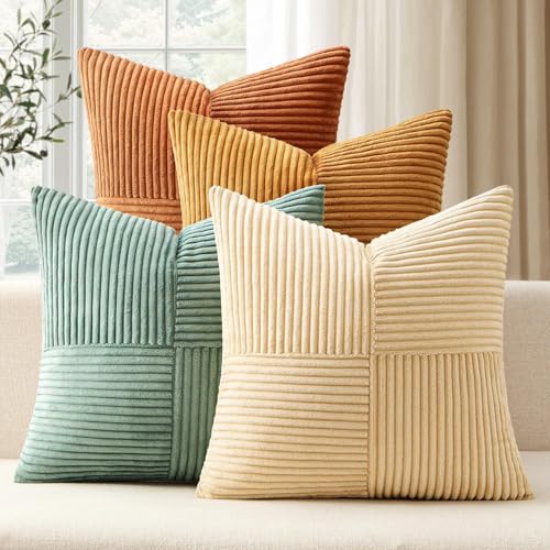ANRODUO Pack of 4 Decorative Throw Pillows for Couch Orange Teal 18x18 Inch Boho Cozy Soft Corduroy Cushion Covers Farmhouse Accent Pillowcases for Mid Century Summer Home Decor Sofa Bed Living Room - Image 1