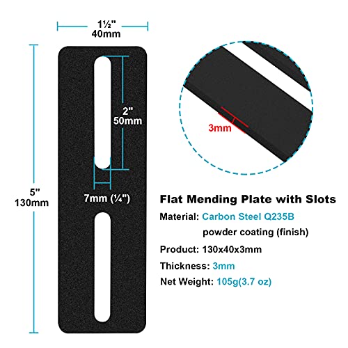 eoere 10 PCS 5" Black Flat Mending Plate, Support with Slots Steel Strap Straight Repair Plates Brace, Fixing Bracket Connector, Thickness 1/8" - Image 2