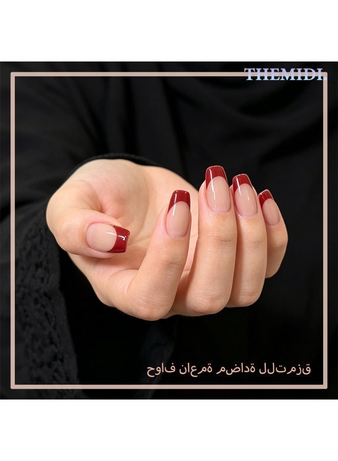 finlochee. أظافر مُلصقة بالضغط بقاعدة عارية وطرف فرنسي أحمر نبيذي لامعة، شكل تابوت قصير مغلق كامل، أظافر كاذبة بلصق جيلي مقاومة للماء مع ملف أظافر وعصية جلد خشبية، مصنوعة من مادة ABS الصافية غير ضارة وبطول العمر، للارتداء اليومي والمكتب وعيد الفطر والزفاف والصالونات للنساء، 30 قطعة - Image 3