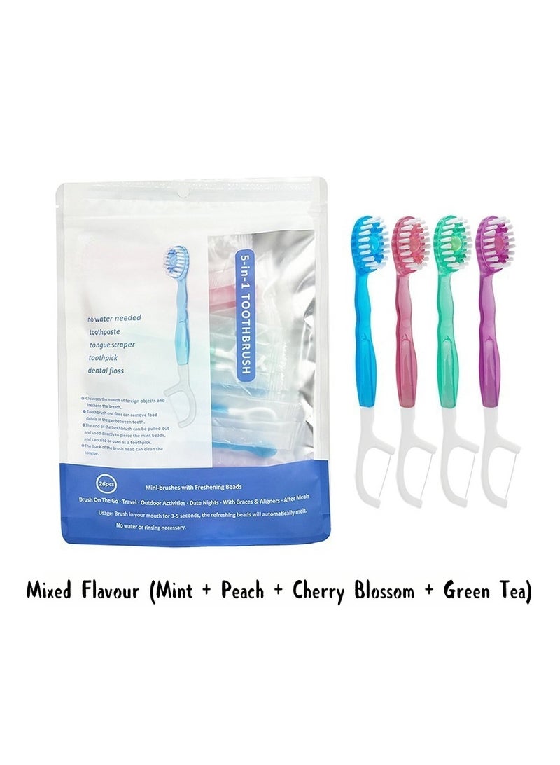 جوي وورلد فراشي أسنان، فراشي أسنان صغيرة يمكن التخلص منها للاستخدام أثناء التنقل، مجموعات فراشي أسنان صغيرة محمولة للسفر مع أعواد أسنان وخيط تنظيف الأسنان، منتجات محمولة للعناية بالفم للسفر والعمل (نكهات متنوعة، عبوة من 26 قطعة) - Image 1