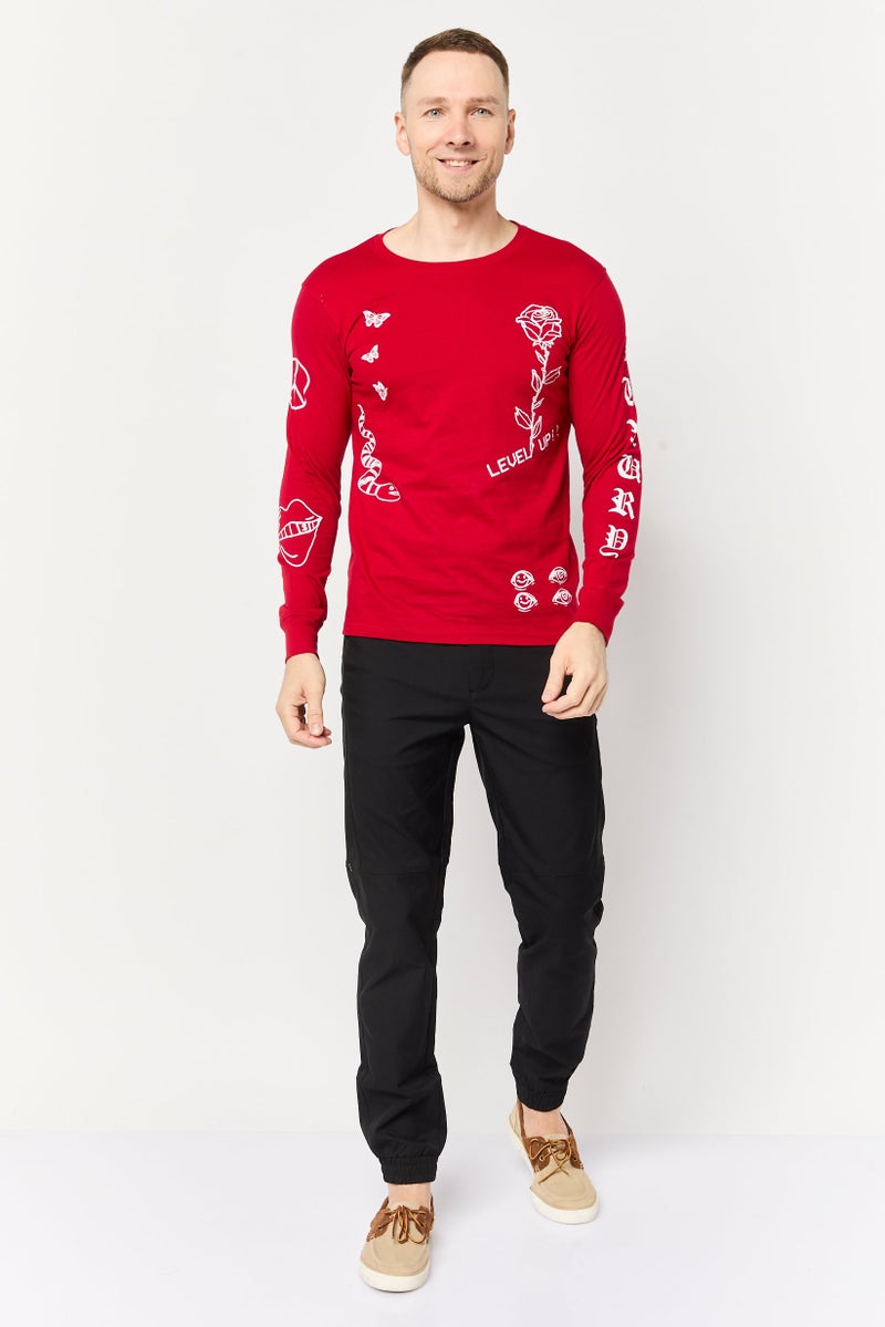 brooklyn Men Crew Neck Long Sleeve Printed T-Shirt, Red - Image 2