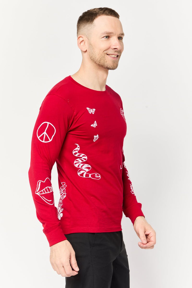 brooklyn Men Crew Neck Long Sleeve Printed T-Shirt, Red - Image 3