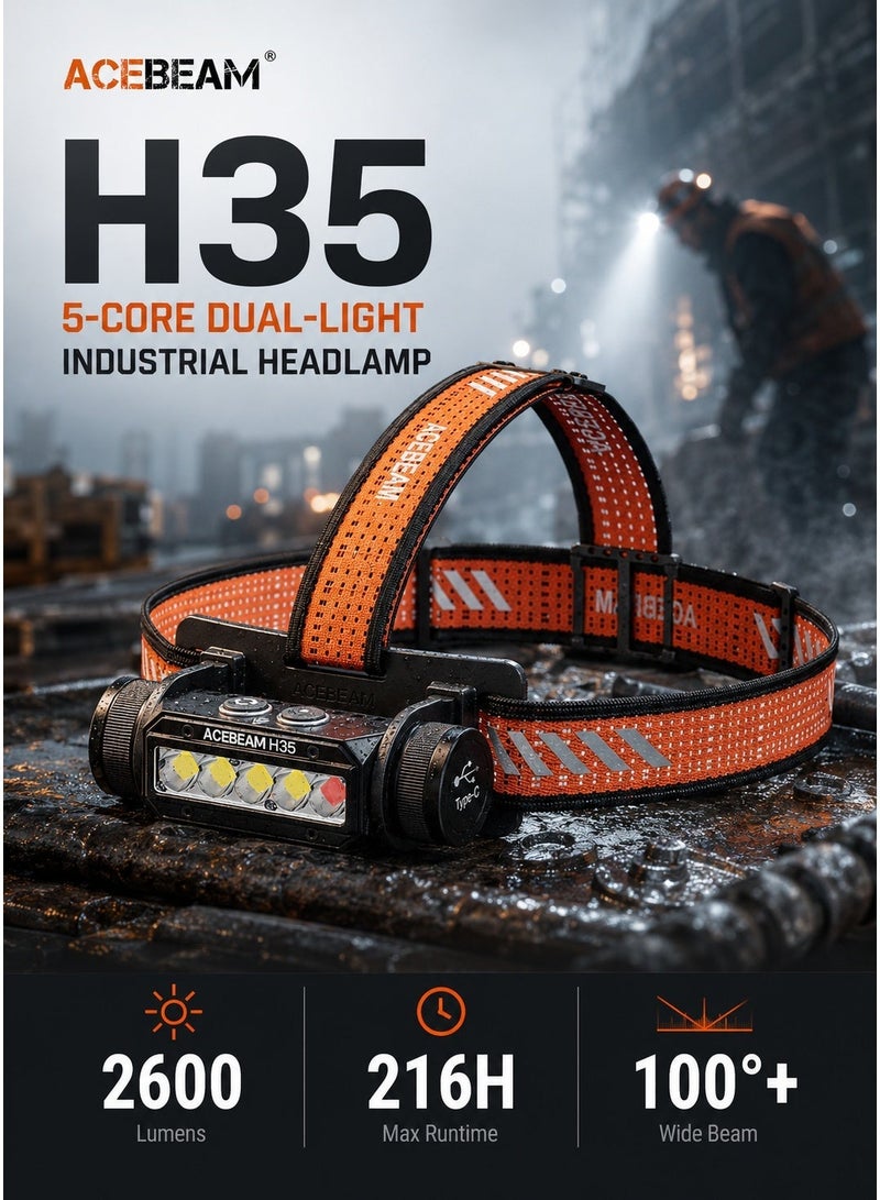 Acebeam H35 Industrial Headlamp, 2600 Lumens, 170m Beam Distance, White & Red Dual Light Source (Outdoor Adventure, Night Hunting, Industrial Work) - Image 1
