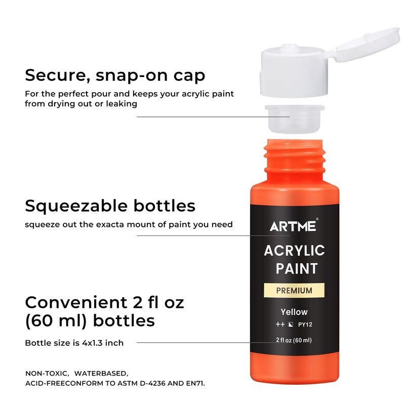 ARTME Acrylic Paint Set, 60 Colors in 2oz/60ml Bottles, Non Toxic, Waterproof, Rich Pigments Acrylic Paint for Artists, Students, Beginners Painting on Rocks Canvas Wood Clay Fabric Ceramic Crafts - Image 4