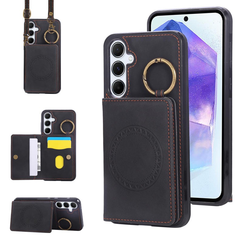 إيروريكس جراب هاتف مزود بحلقة مغناطيسية للسيارة مع حامل للبطاقات لهاتف Samsung Galaxy A55 5G (أسود) - Image 1