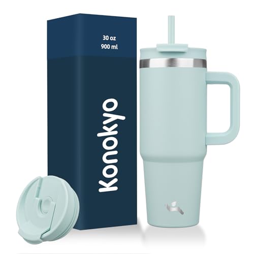 Konokyo 30 oz Tumbler with Handle and 2 Straws,2 in 1 Lid Insulated Water Bottle Stainless Steel Travel Coffee Mug,Blue Haze - Image 1
