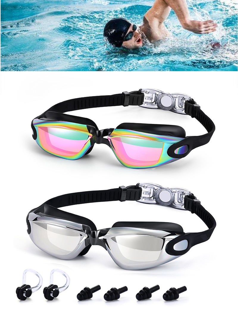 TAPIT 2PCS Electroplated Silicone Swimming Goggles for Men, Adults & Teenagers with Nose Clip and Ear Plugs, Clear Vision 180° Panoramic View Polarized Anti Fog Coating UV Protection Leak-proof Swimming Eyewear (Pink+Silver) - Image 1