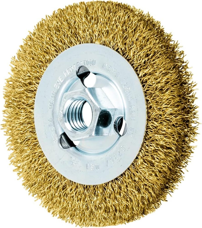 PFERD 82367 Crimped Wheel Brush, Brass Wire, 4" Diameter, 5/8-11 Thread, 0.012 Wire Size, 11/16" Trim Length, 1/2" Face Width, 12500 RPM - Image 1