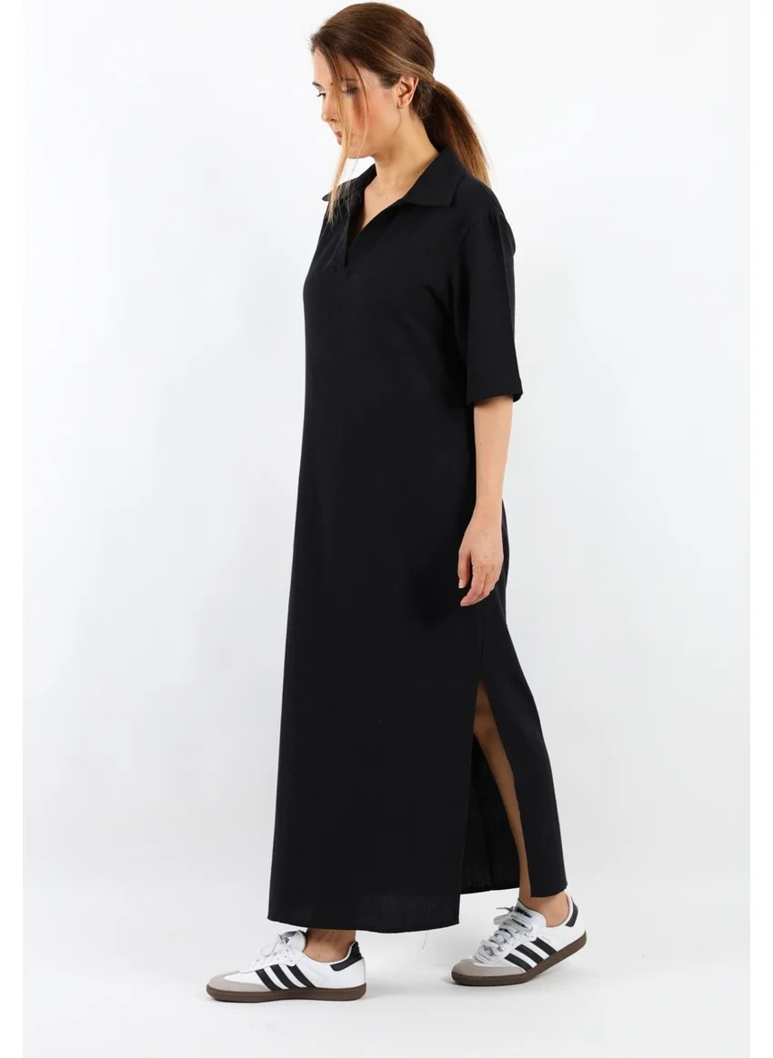 Ritnice Women's Basic Black Polo Neck Slit Dress