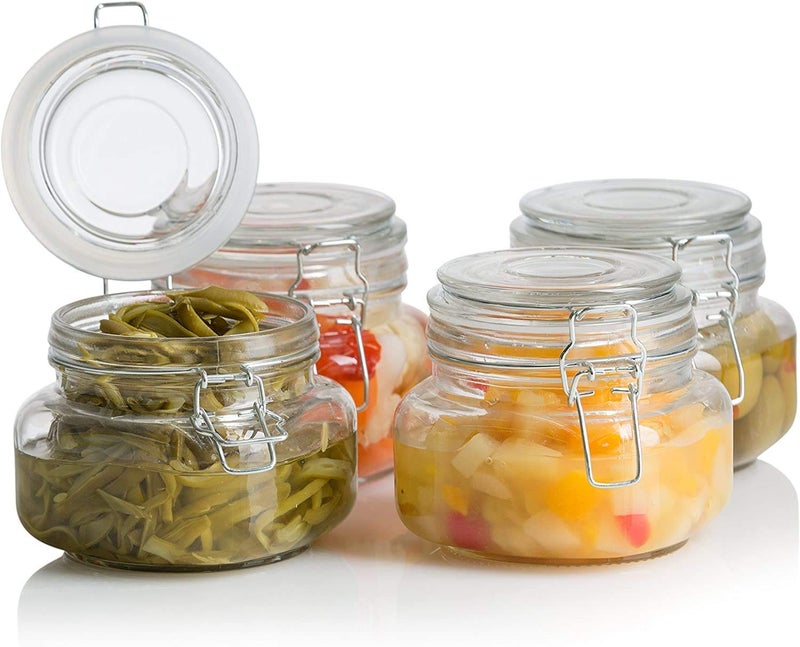 KRIVAL 500ml Glass Storage Jars with Clip Top Lid Square Food Canisters With Airtight Lid Clear Jam Jar Container with Wire Clip Fastening for Cereal Pasta Sugar Coffee Spices Set Of 4 - Image 1