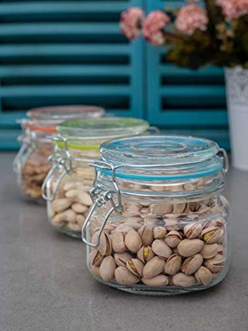 KRIVAL 500ml Glass Storage Jars with Clip Top Lid Square Food Canisters With Airtight Lid Clear Jam Jar Container with Wire Clip Fastening for Cereal Pasta Sugar Coffee Spices Set Of 4 - Image 2