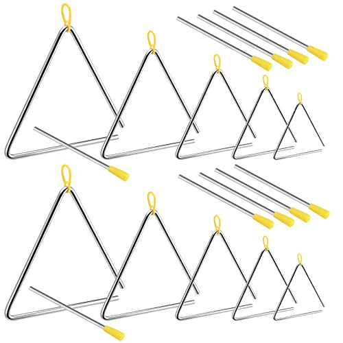SINJEUN 10 Pack Musical Steel Triangle, 4, 5, 6, 7, 8 Inches Triangle Musical Instrument with Striker and Finger Holder, Triangle Hand Percussion Instrument for Music Learning and Teaching - Image 1