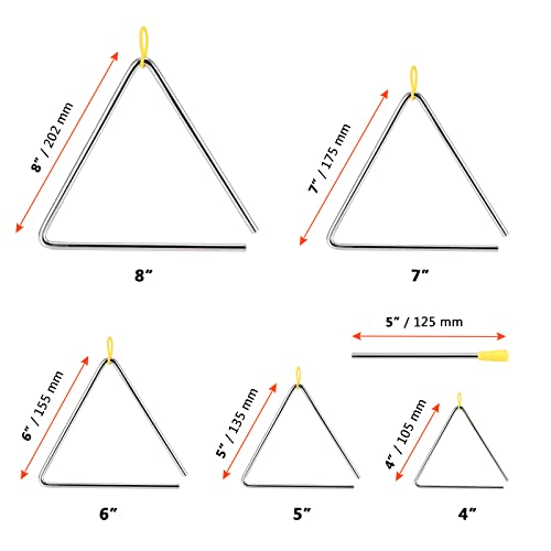 SINJEUN 10 Pack Musical Steel Triangle, 4, 5, 6, 7, 8 Inches Triangle Musical Instrument with Striker and Finger Holder, Triangle Hand Percussion Instrument for Music Learning and Teaching - Image 2