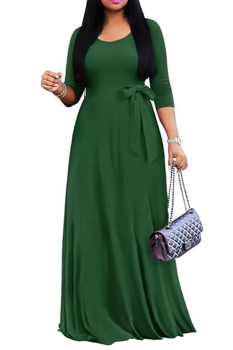 FANDEE Maxi Dress for Women 2026, Long Casual Empire Waist Dresses 3/4 Sleeve Round Neck with Belt XL Green - Image 1