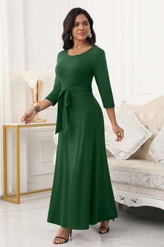 FANDEE Maxi Dress for Women 2026, Long Casual Empire Waist Dresses 3/4 Sleeve Round Neck with Belt XL Green - Image 3