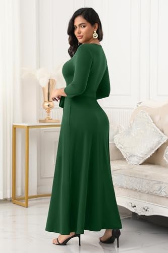 FANDEE Maxi Dress for Women 2026, Long Casual Empire Waist Dresses 3/4 Sleeve Round Neck with Belt XL Green - Image 5
